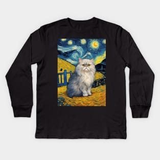 Persian Cat Breed Portrait Painting in a Van Gogh Starry Night Art Style Kids Long Sleeve T-Shirt